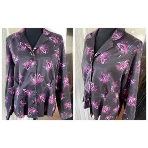 Vintage 80s satin blouse, black and hot pink, long sleeves, vintage work clothes